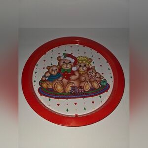 Vintage GIFTCO Metal Christmas Tray, Teddy Bear Family, 13” Diameter